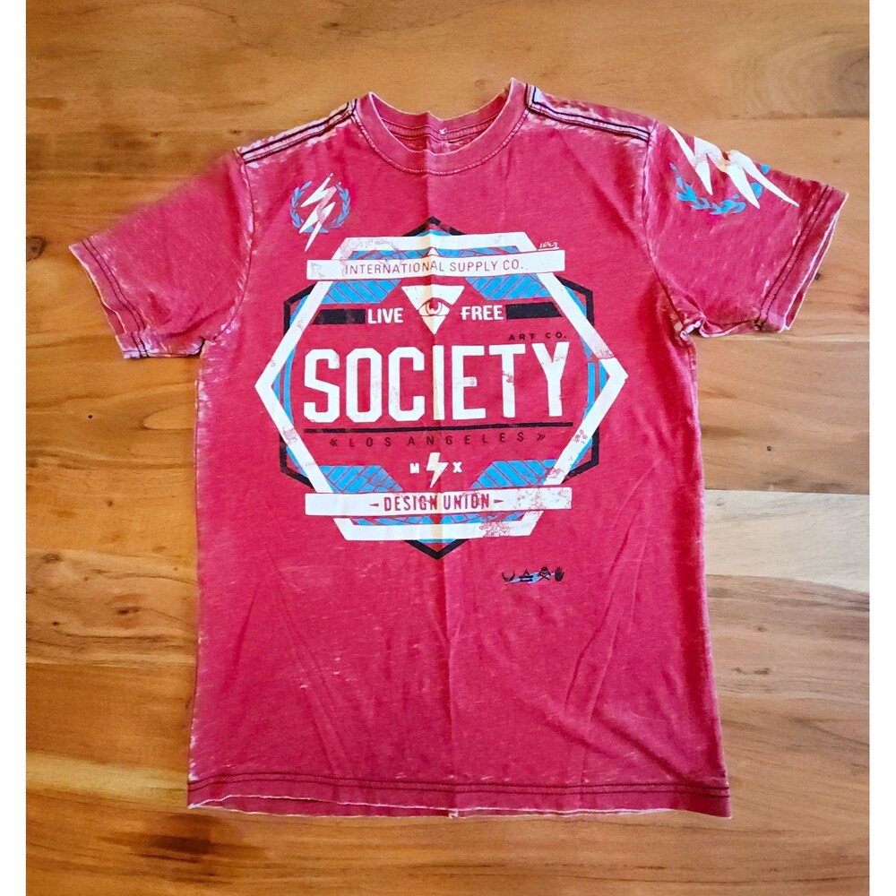 Society Mens Small Graphic T-Shirt Red Burnout Acid Wash Y2K Moto MMA
